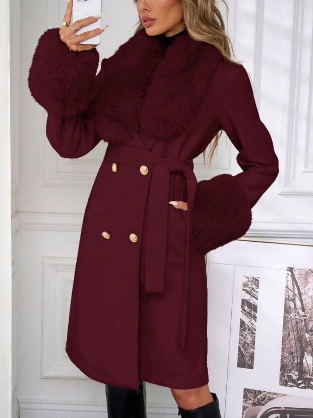 Women Plain Front Button Pocket Furry Trim Minimalist Elegant Long Slee